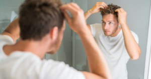 Man examining hair in mirror